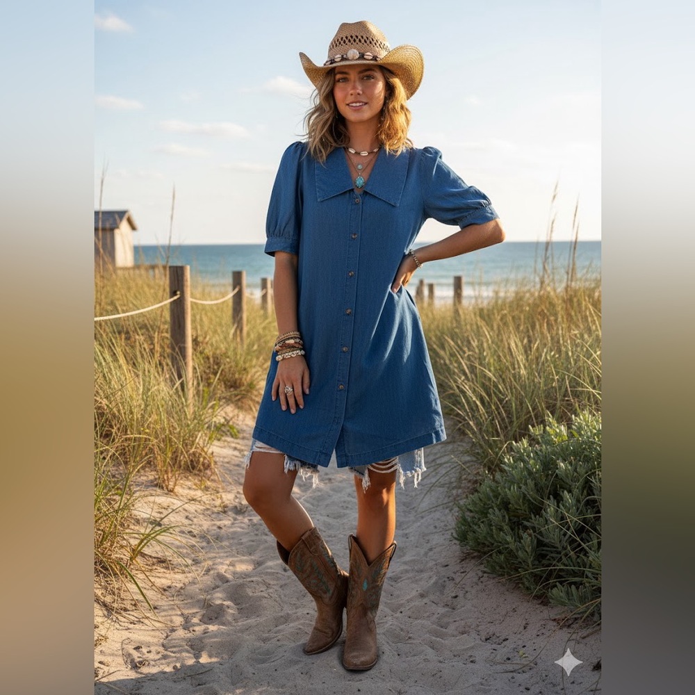 Ichi Indigo Button-Down chambray denim Mini Dress spread collar 2/4